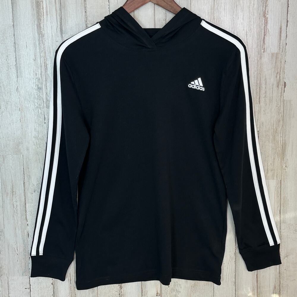 NEW Adidas Long Sleeve Hoodie Shirt Youth M Black White Stripe Pullover Active